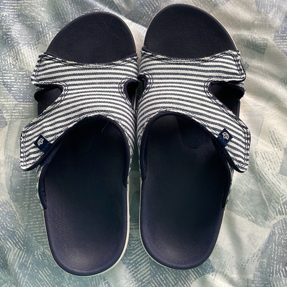 Spenco Orthopedic Canvas Slide Sandals Kholo Stripe Nautical Navy Pre~Owned